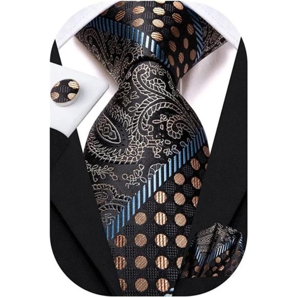 Other - 𝅺silk Paisley Necktie and Pocket Square Cufflinks Set Brown Paisley